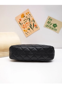 Macro view showing the quilted stitching and base texture of the black crossbody bag