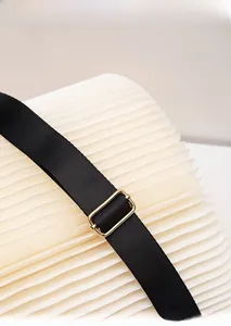 Detail of off-white pleated fabric with black nylon strap and golden metal buckle