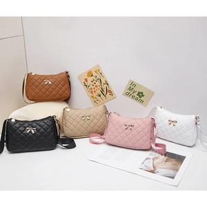 Women's Quilted Bowknot Underarm Bag PU Leather Rhombic Pattern Shoulder Crossbody Bag Sweet Style Fashion Small Handbag