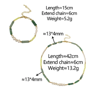 Bamboo style necklace set with green beads, pearls, and size specifications on white backdrop