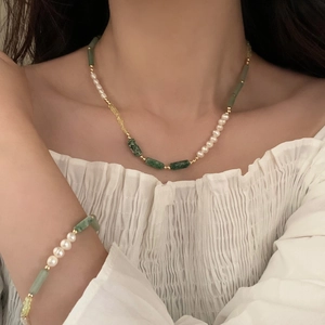 Ethnic style pearl and green natural stone beaded necklace with matching bracelet set