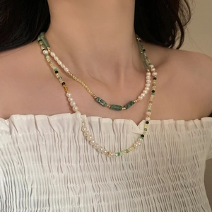 Elegante gelaagde zoetwaterparelketting met groene stenen bamboestijl voor dames chic