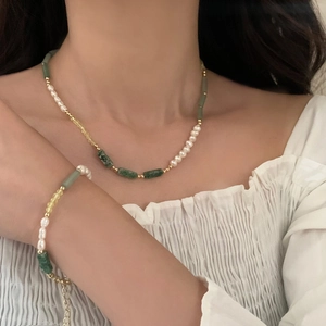Freshwater Pearl Necklace And Bracelet Green Stone Bamboo Shape Retro Chinese Style Elegant Jewelry For Women 14K Gold Plated