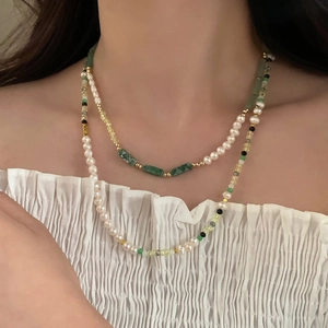 Elegante Chinese stijl ketting met zoetwaterparels en groene bamboe stenen kralen