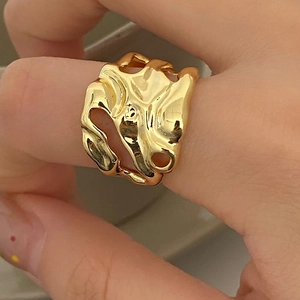 Irregular lava style open ring with fluid gold metal texture for women