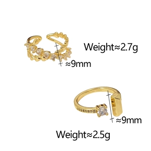 Detail view of gold zircon rings with weight and size specs for heart and square designs