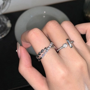 Minimalist silver heart ring set with paved zircons and T-shape opening for women