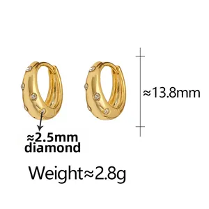 Detailed view of U-shaped gold earrings with micro-set 2.5mm zircons and 13.8mm height