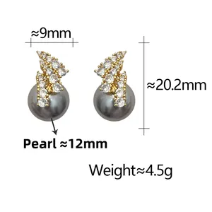 Detail view of 12mm shell pearl earrings with sparkling zircon and dimensions