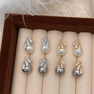 Elegant Shell Artificial Pearl Stud Earrings With Geometric Zircon Inlay Copper Base Plated Fashion Jewelry For Women