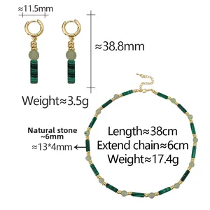Détails du collier et des boucles d'oreilles en pierre naturelle verte avec mesures