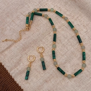 Collier Et Boucles Oreilles En Perles Pierre Naturelle Texture Malachite Verte Vintage Pour Femmes
