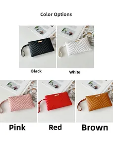 Close-up of V-quilted faux leather clutches in five colors with wristlets and metal plates