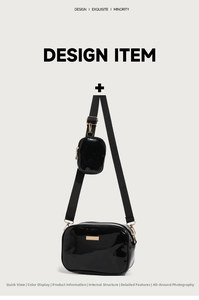 Glossy black PU leather crossbody bag with small round coin purse and wide strap