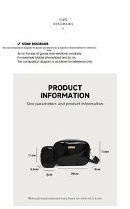 Detailed size chart for black patent leather crossbody bag with mini pouch and strap dimensions