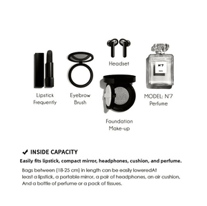 Internal capacity showcase of crossbody bag fitting lipstick, perfume, and earphones