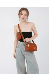 Brown gloss PU leather crossbody bag set with a mini round pouch and wide strap