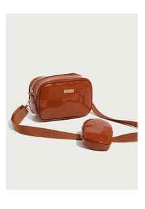 Caramel glossy PU leather crossbody bag with mini purse and wide fabric shoulder strap