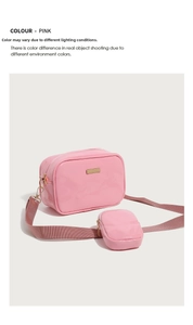Pink glossy PU leather crossbody bag featuring a matching mini pouch and wide strap