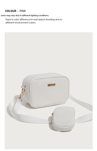 Glossy pink PU leather square bag with white wide strap and mini coin purse detail