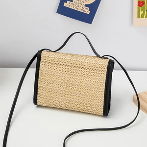 Chic woven beige small square crossbody bag with black leather trim and adjustable strap