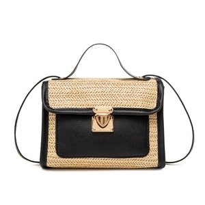 Fashion woven straw crossbody bag with black leather flap and gold square metal lock
