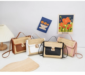 Collection of woven patchwork crossbody bags in four colors on a minimal display