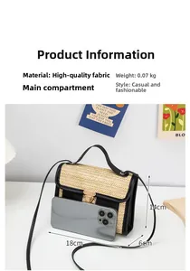 Detail of woven straw crossbody bag with gold twist lock and size comparison to phone