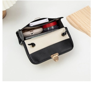 Interior view of the contrast color crossbody bag showing space for phone and makeup