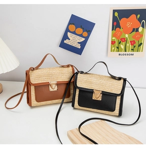 Close-up of retro woven crossbody bags with faux leather trim and gold metal buckles