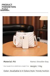 Detail view of white PU leather bucket bag with V-quilt stitching and size measurements