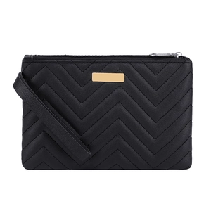 Black chevron quilted long wallet for women with wrist strap and gold metal plate