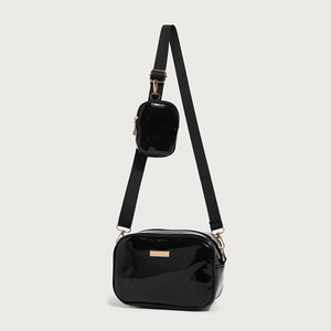 Glossy black PU leather square crossbody bag with mini pouch and wide strap