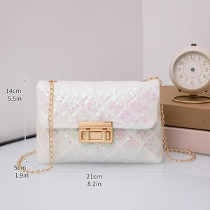 Detail of sequin crossbody bag with chain strap showing dimensions 21cm x 14cm x 5cm