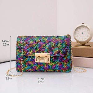 Detailed view of colorful sequin crossbody bag with chain strap and dimension labels