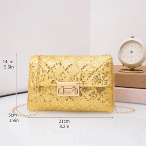 Detail view of a gold sequin crossbody bag with metal chain and precise dimensions