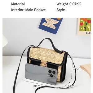 Chic woven straw crossbody bag with black leather trim and metal lock closure 18x14x6cm