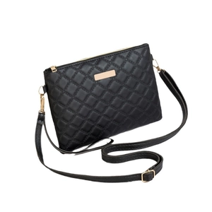 Classic black quilted PU leather crossbody bag with gold metal trim and zipper