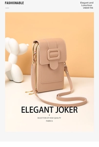 Close-up of litchi grain PU leather phone bag with dual zippers and square buckle details