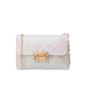 Elegant sequin crossbody bag with iridescent shimmer, gold chain strap and quilted finish