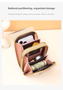 Detail of pink PU leather multi-layer crossbody phone bag with zipper compartments