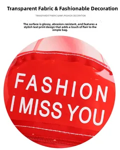 Détail en PVC transparent rouge avec impression blanche FASHION I MISS YOU élégante
