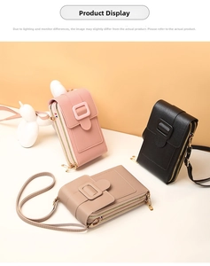 Three multi-functional PU leather crossbody phone bags in pink, black, and khaki with zippers