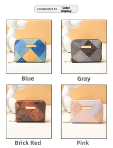 Color display of geometric patchwork small zipper wallets with metallic bar accents