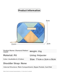 Detail showing dimensions and multi-color geometric quilt pattern of the PU leather wallet