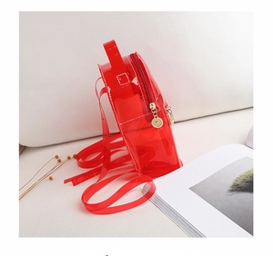 Vue détaillée du mini sac à dos en PVC rouge transparent avec fermeture éclair dorée