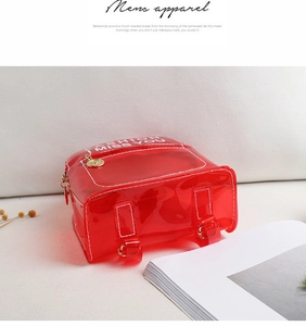 Détail du mini portefeuille sac à dos en PVC rouge transparent avec lettrage blanc