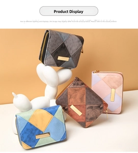 Detail of patchwork coin purses with geometric sequins and gold hardware in various colors