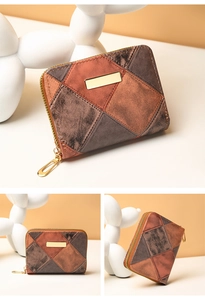 Detail of color-block quilted mini wallet with matte texture and gold metal plaque