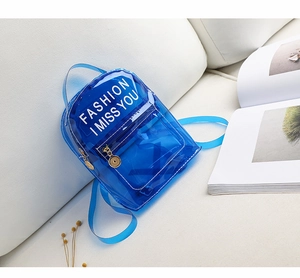 Détail du mini sac à dos en PVC bleu transparent avec imprimé Fashion I Miss You